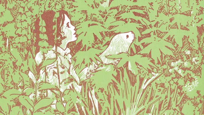Illustration of a girl and a creature in foliage