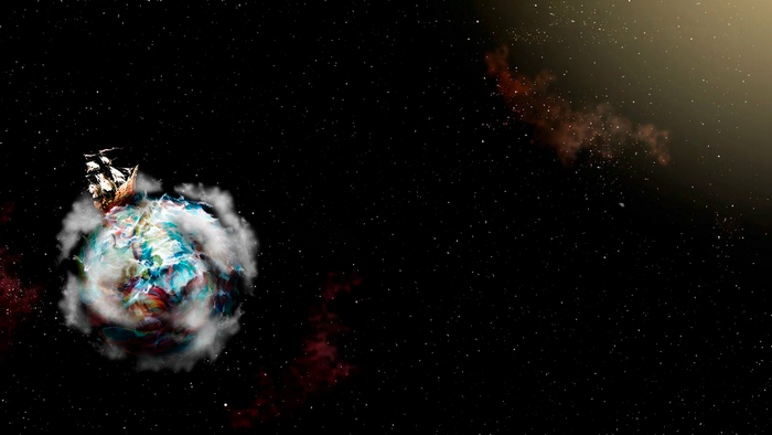 A sailing ship on a colorful planet in space