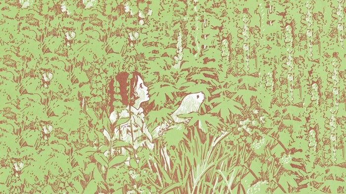 Girl and rabbit in a dense green forest