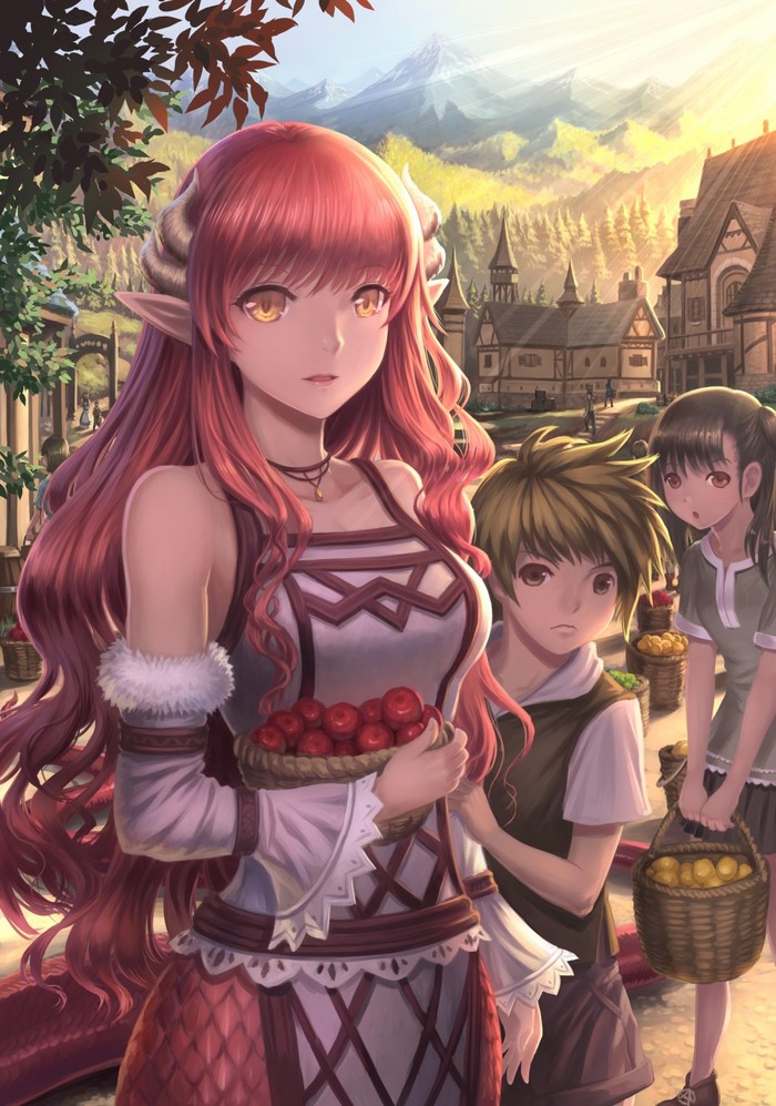Anime girl with red hair and horns holding fruit
