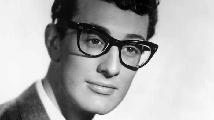 Buddy Holly wearing glasses, monochrome portrait