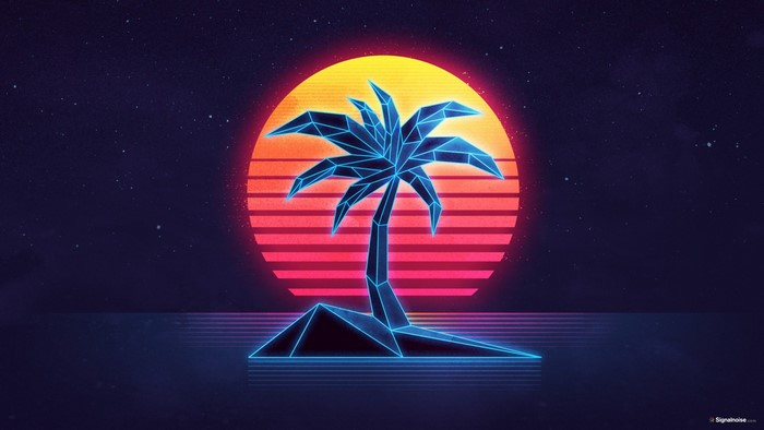 Retro palm tree island with sunset and stars