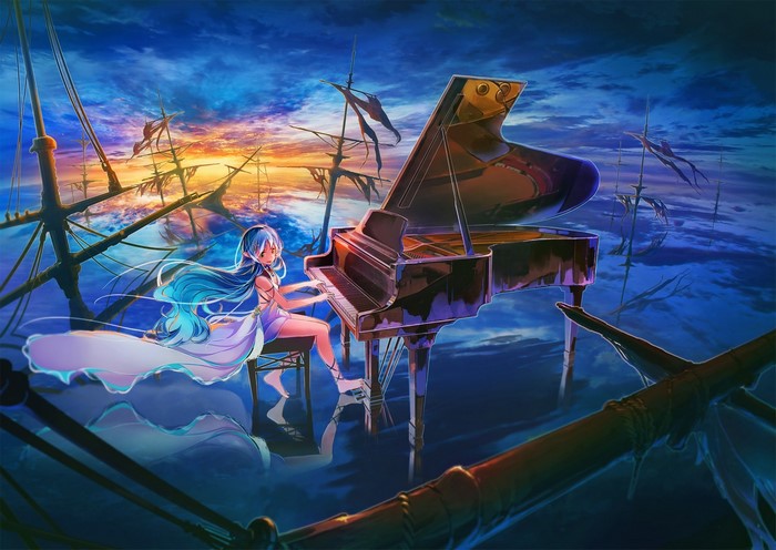 Anime girl with blue hair playing piano on a ghost ship