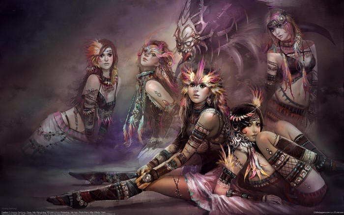 Fantasy art of women warriors with a creature