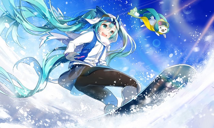 Hatsune Miku snowboarding with a seal-like creature