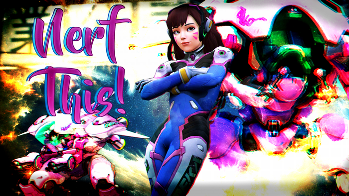 D.Va from Overwatch with mechs and text