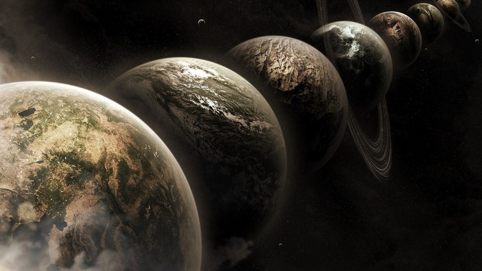 Planets in a line with rings in outer space