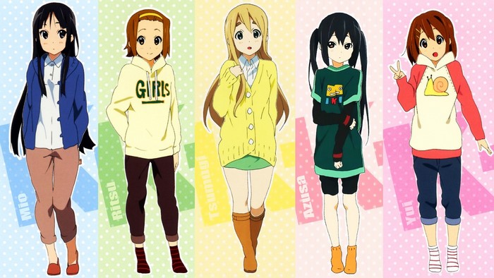 K-On! characters Mio, Ritsu, Tsumugi, Azusa, and Ui standing