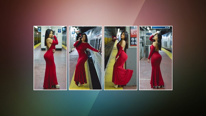 Woman in red dress on subway platform
