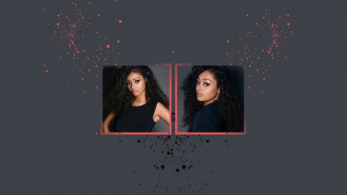 Two portraits of a woman with curly hair