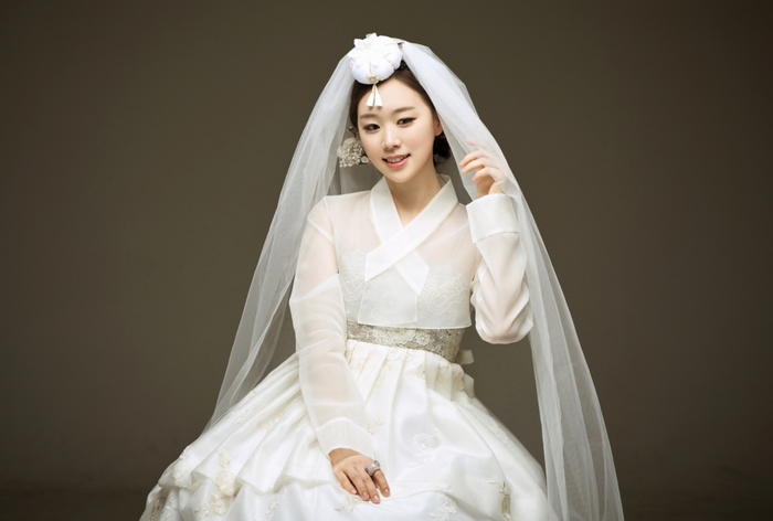 Traditional South Korean Bride in White Hanbok Wedding Dress