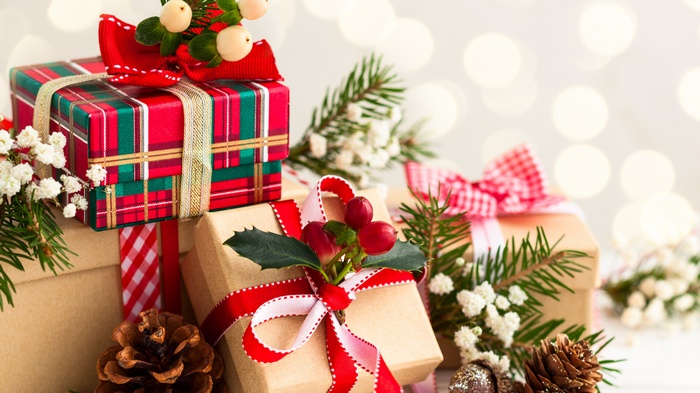 Christmas Gifts with Pine Cones and Holly