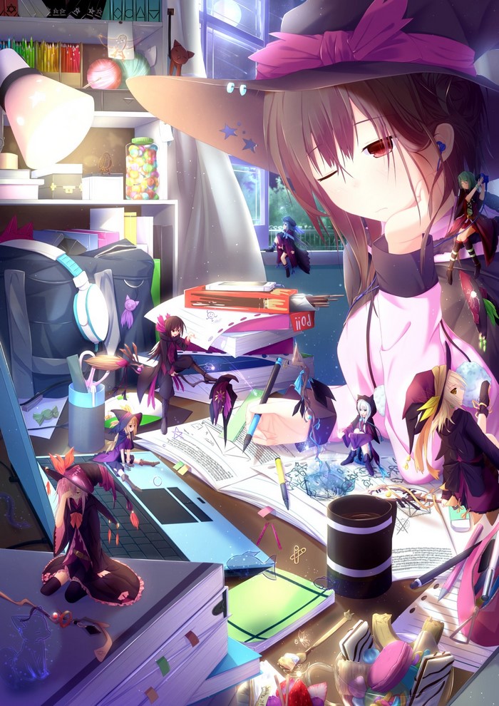 Anime girl with witch hat and small figures