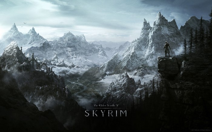 The Elder Scrolls V Skyrim landscape with a warrior