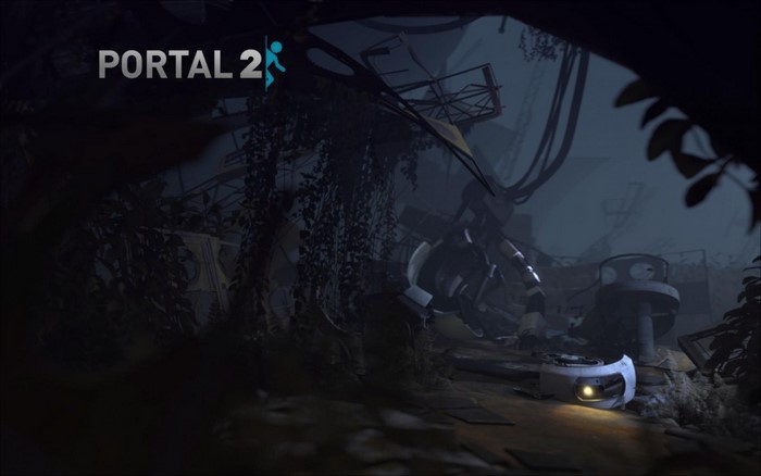 Portal 2 logo in a dark, overgrown facility
