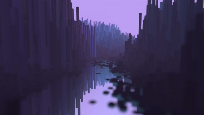 Digital art of a futuristic city with a river
