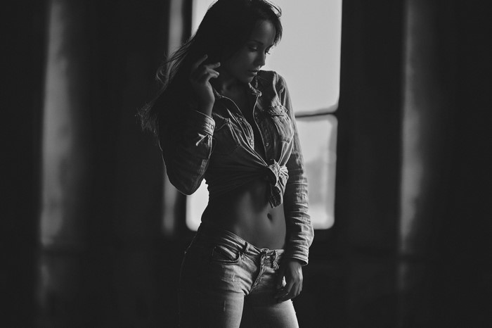 Angelina Petrova in denim shirt and jeans