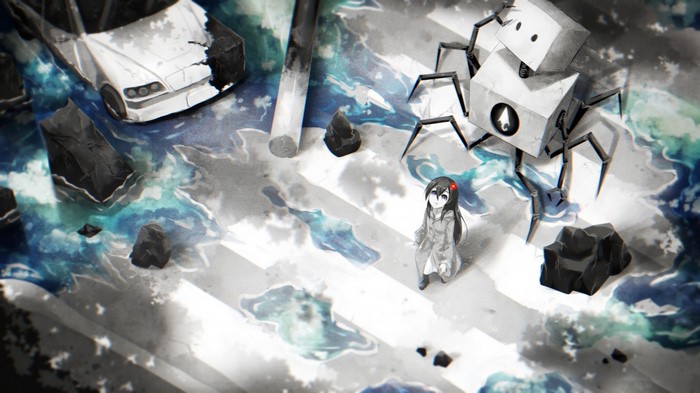 Girl and robot spider in a flooded, post-apocalyptic city