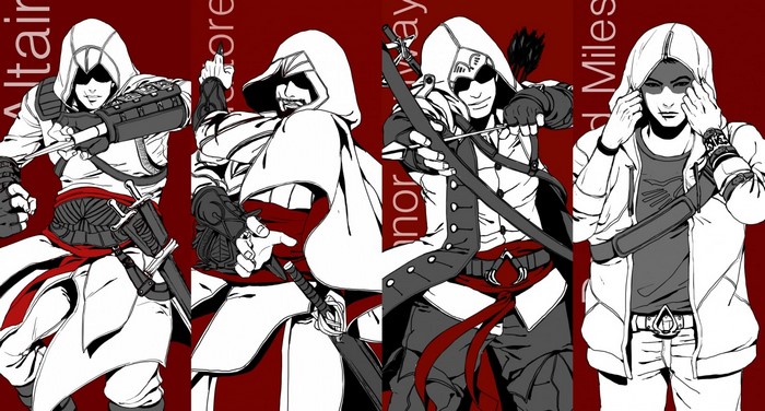 Assassins Creed characters Altair, Ezio, Connor, and Desmond