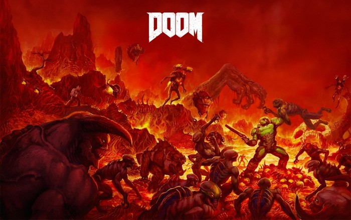 Doom Slayer fighting demons in hell