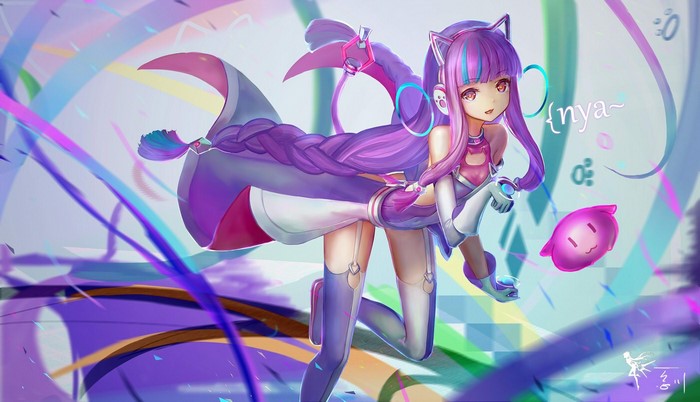 Anime cat girl with purple hair and headphones
