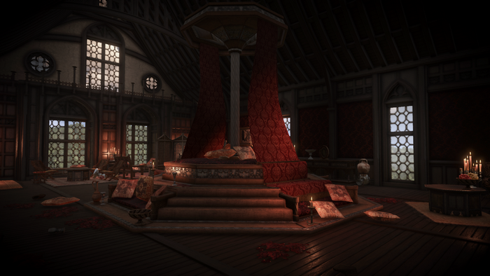 Interior of a grand chamber with a raised platform and red drapery