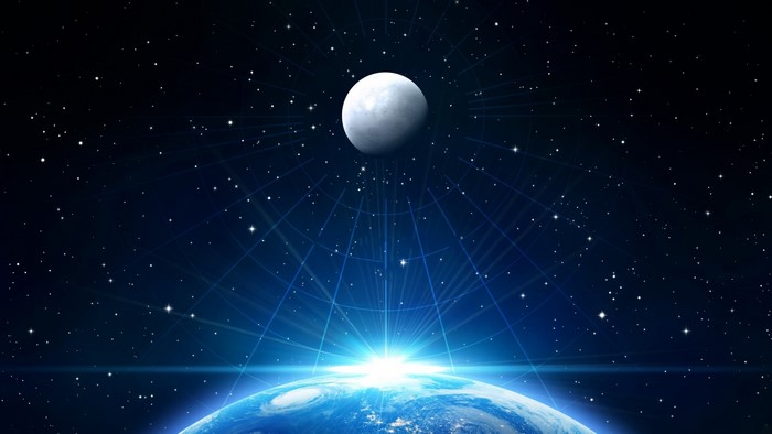 Earth and Moon in starry outer space with light rays
