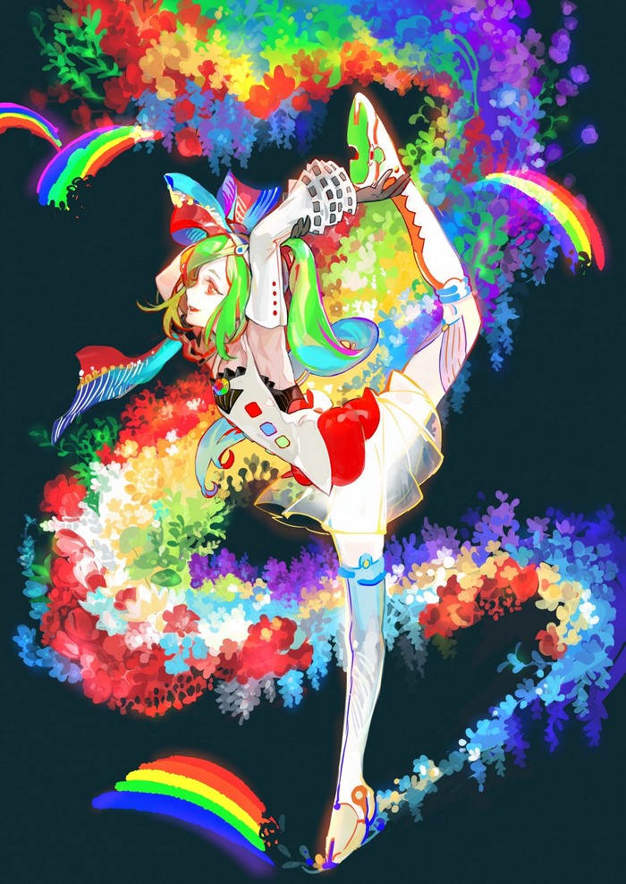 Anime girl with green hair and colorful flowers