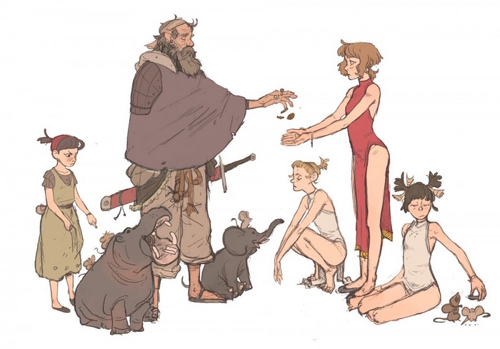 Illustration of people and animals with a fantasy theme