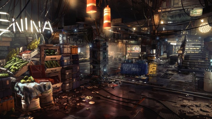 Deus Ex: Mankind Divided screenshot of a market stall