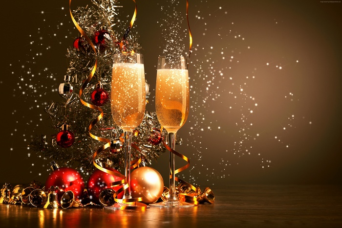 balls, decorations, Christmas, champagne, 4K, New Year