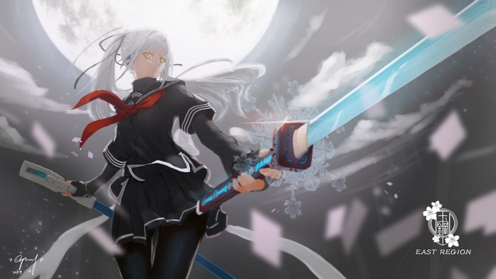 Anime girl with white hair and sword under the moon