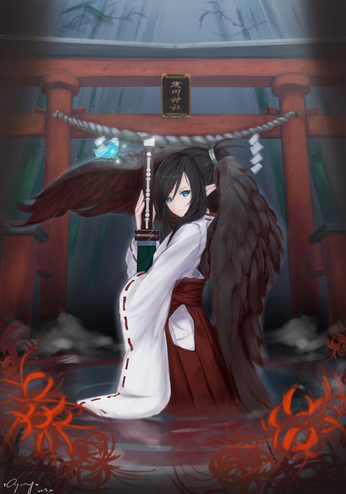 Anime girl with wings and sword at shrine
