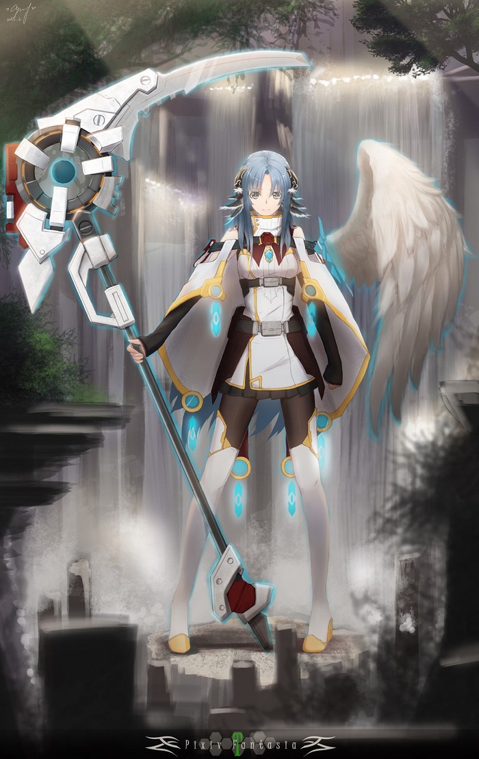 Anime girl with blue hair and wings holding a scythe