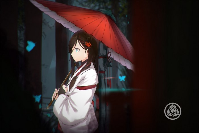Anime girl with umbrella and butterflies