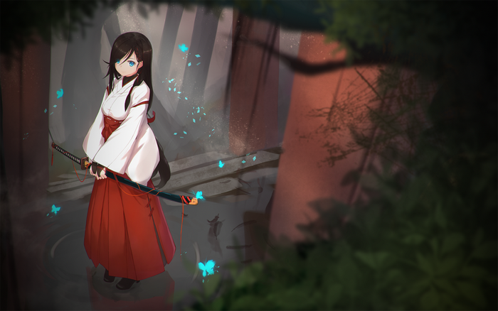 Anime girl with katana in Japanese clothes