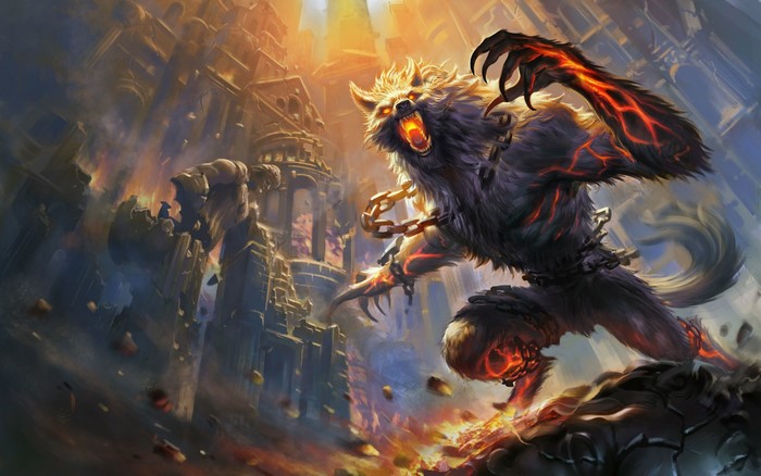 Fenrir from Smite in a ruined city