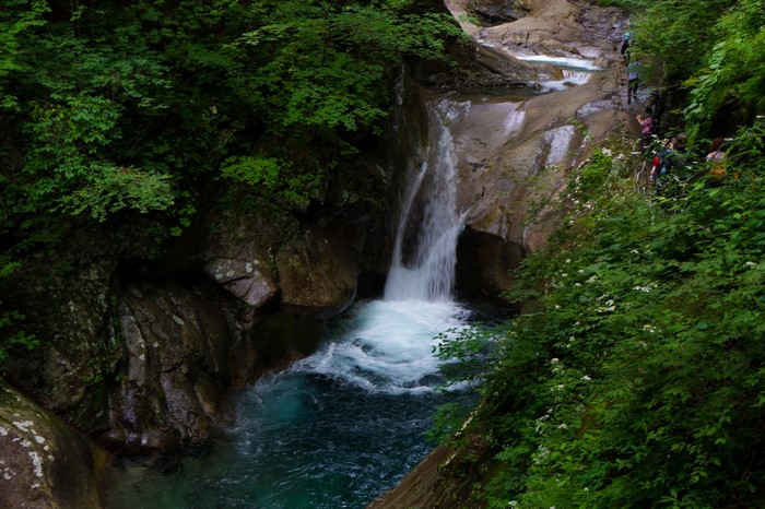 Waterfall cascading into a turquoise pool in a lush forest