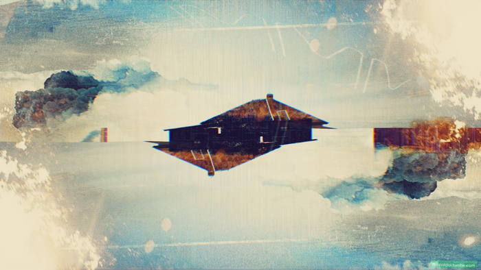 Abstract reflection of a house in clouds with smoke