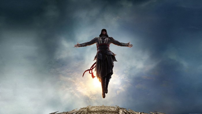 Assassin's Creed character jumping from a building