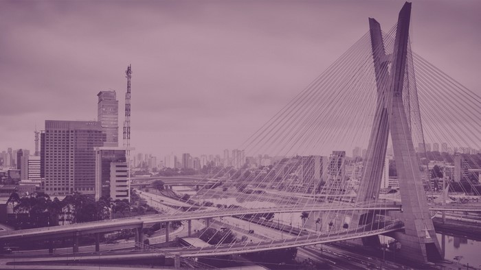 Cable-stayed bridge and cityscape in monochrome