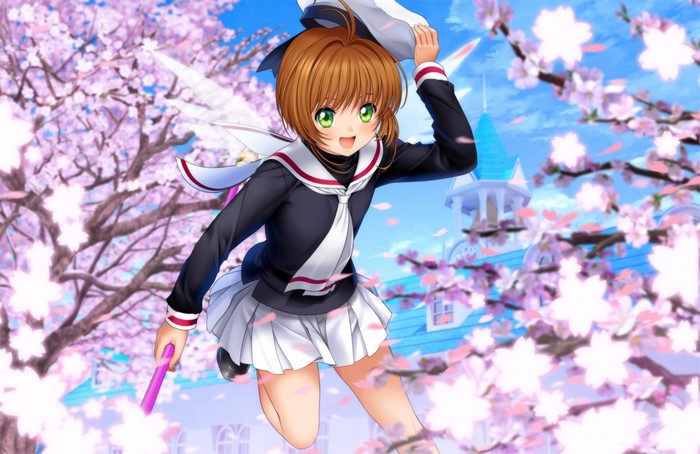 anime, anime girls, short hair, brunette, green eyes, cherry blossom ...