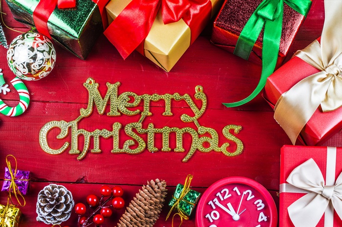 Christmas Gifts and Decorations on Red Wood
