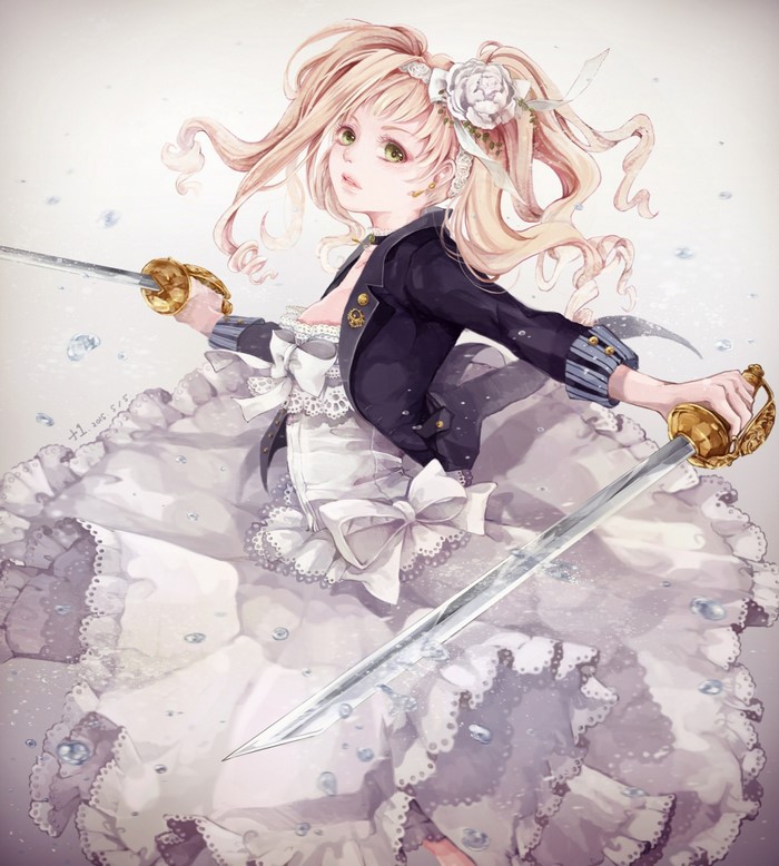 Anime girl with swords and white dress