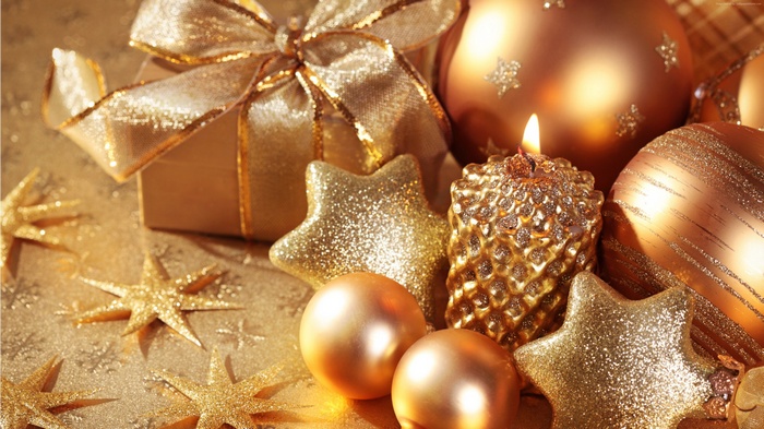 Gold Christmas Decorations with Gift and Candle