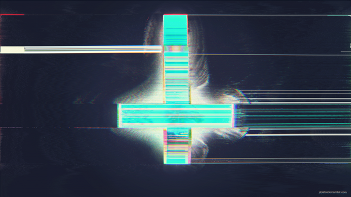 Glitch art inverted cross with blue light