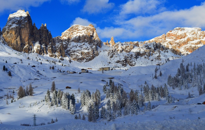 trees, snow, 5K, winter, mountains, Alps, Dolomites