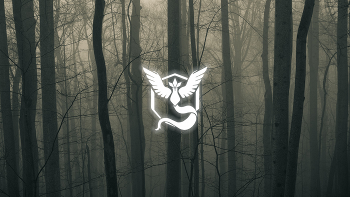 Team Mystic logo in a dark, foggy forest