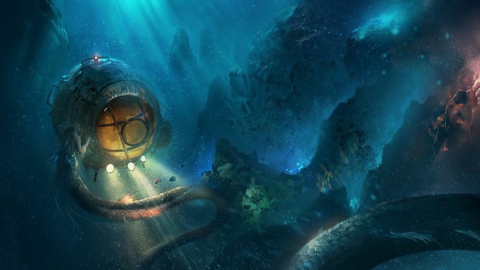 Submarine and sea serpent in deep ocean