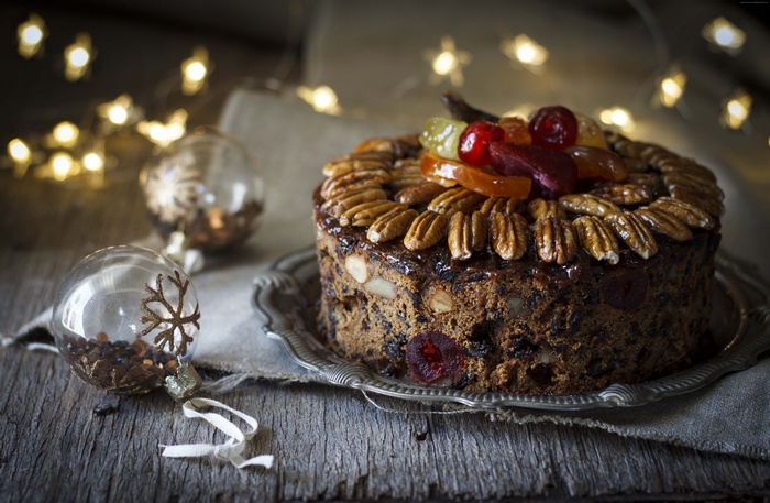 Christmas fruitcake with pecans and dried fruit